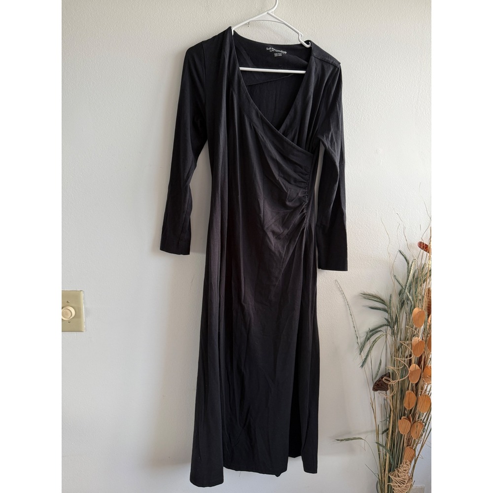 Soft Surroundings Black Faux Wrap Ruched Midi Dress Petite Small Long Sleeve
